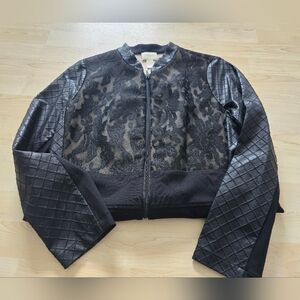Chicos Vintage Y2K Faux Leather Jacket Black Moto Floral Lace Quilt Size 1